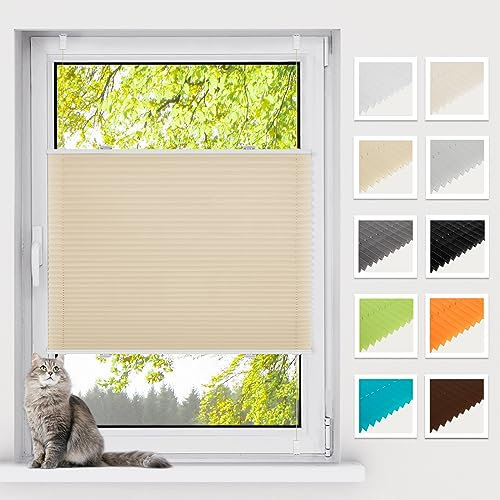 BelleMax Plissee ohne Bohren Klemmfix, Creme 75x130cm(BxH), Easyfix lichtdurchlässig Sichtschutz und Sonnenschutz, Jalousie Plisseerollo mit Klemmträger, Faltrollo für Fenster & Tür