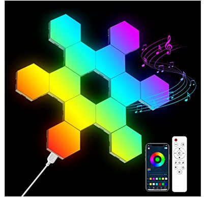 OJQ Sechseckige LED-Lichter, RGB-Panel, sechseckige LED-Lichter, Raumdekoration, Wandleuchten, Smart-App-Musik mit Synchronisation, Wabenform, sechseckige Gaming-Lichter für Schlafzimmer, Kinder, 12