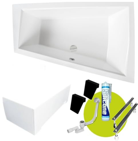 ECOLAM Baignoire trapézoïdale pour deux Intima Duo 180x125 cm | version droite | tablier acrylique | 2x appuie-tête noir | Vidange automatique Alcaplast + Pieds silicone