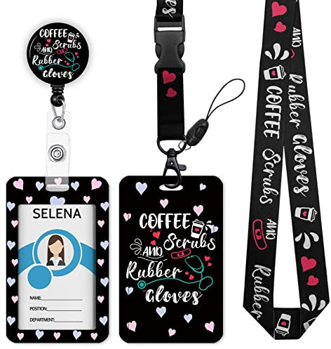 Funny Nurse Lanyards for ID Badges Namensschilder ID Card Holder ID Badge Holder with Breakaway Lanyard, Cute Badge Reel Badge Clip Retractable, Coffee Scrubs and Rubber Gloves (Black)