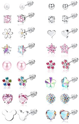 Diamday Screw Back Earrings Stud for Women Stainless Steel Heart Pearl Ball CZ Butterfly Cute Flower Screwback Stud Earring Set B