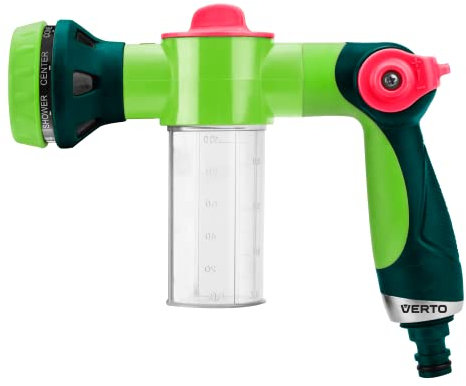 VERTO Pistolensprenger mit Behälter und Schaumzerstäuber; 8 Sprühfunktionen; rutschfester ergonomischer Griff; Pflanzenpflege; Gartenarbeit, Autowäsche; Kunststoff und Gummi