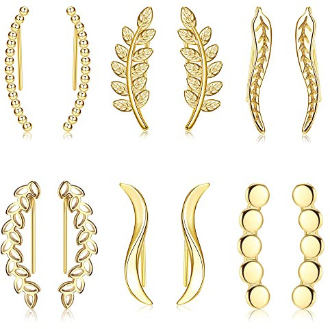 JeryWe 6 Paar Damen Knorpel Schmuck Ohrringe Ohrklemme Ohrstecker Blätter ear cuff Ohrclip für Mädchen Teenager Feder Lineare Welle Ohrpiercing gold
