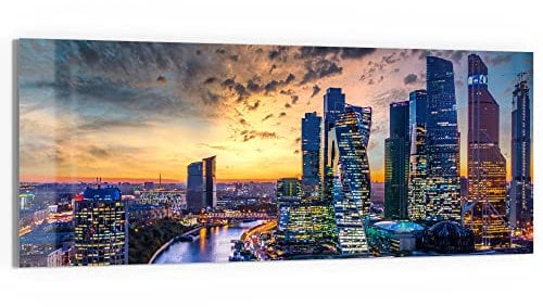 DEQORI Glasbild Acrylglas | Motiv Blick auf Moskau am Abend | horizontal einteilig 125x50 cm | schöne Dekoration | Wandbild für Wohnzimmer, Schlafzimmer, Flur & Küche | moderne Wanddeko