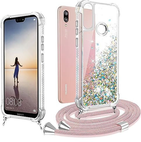 XCYYOO Funda con Cuerda Huawei P20 Lite Carcasa Huawei P20 Lite con Colgante Transparente Glitter Liquida Silicona Antigolpes Funda Huawei P20 Lite con cordón con Ajustable Correa Collar Case