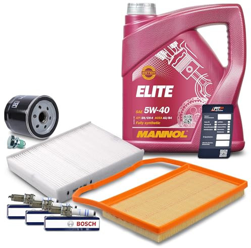 BESTPRICE Inspektionspaket Filterset mit 1x Ölfilter; 1x Innenraumfilter; 1x Luftfilter; 4L Motoröl 5W-40 MANNOL ELITE API SN/CH-4; 3x Zündkerze; Kompatibel mit SEAT Mii, SKODA CITIGO, VW UP!, LOAD UP