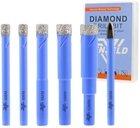 VENJELD Juego de Brocas Diamante Seco - 5 Piezas 6/6/8/10/12mm Corona Diamnate y 1 Pieza 6mm Taladro Carburo para Porcelana Cerámica Mármol Granito - Vástago Redondo con Estuche