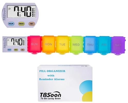 TBSoon 7 tage tablettenbox mit 5 erinnerung alarm + 1 Timer, Große Fächer, lauter Sound, feuchtigkeitsbeständig, reisen pillendose klein für unterwegs morgens abends, medikamentenbox, 7 tage pillenbox
