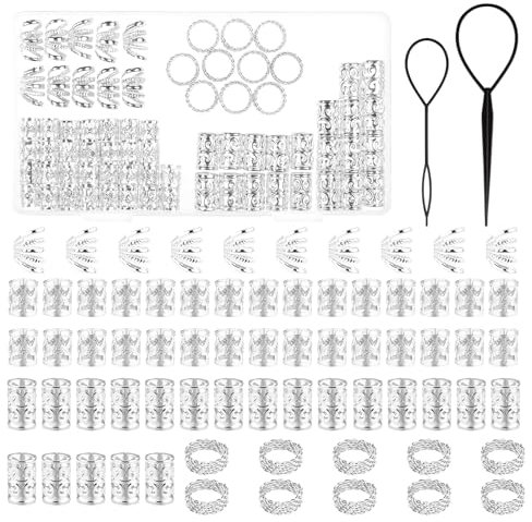 70 Stück Dreadlocks Schmuck, Alu Haarringe für Zöpfe, Haarring für Flechtfrisuren, einstellbare Flechtringe, Wikinger Haarschmuck, Webhaar-Accessoires in Silber für Frauen und Männer, für diverse Anlä