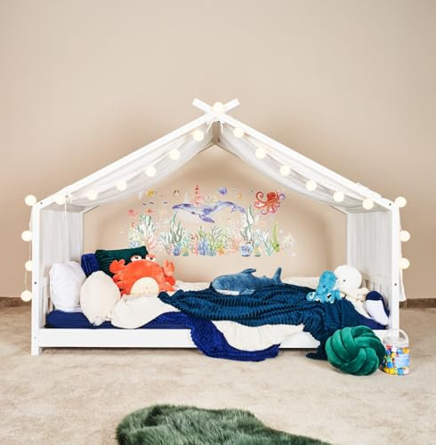 ALAVYA HOME® Juego decorativo para cama de casa, dosel, 360 cm de largo, para cama infantil, con dosel, cortinas de 110 x 360 cm, para camas de 90 x 200 y 120 x 200 cm, 100 % muselina orgánica,
