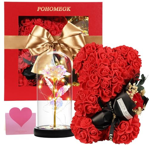 POHOMEGK Rose Bear Birthday Gifts for Women, Wife, Daughter, Girlfriend, Flower Teddy Bear Rainbow Light-Up Roses Gift Set – Perfect for Valentine’s, Mother’s Day, Christmas, and Anniversary