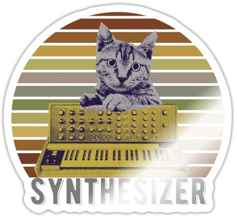 Spreadshirt Katze Synthcat Synthesizer Geschenk Musik Retro Sticker, max. 10 x 10 cm, 10 x 10 cm, Weiß glänzend