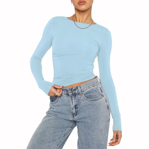 Mujeres Casual Crop Tops Slim Fit Top Cuello Redondo Manga Larga T-Shirt Basic Blusa tee Tops(Sky Blue-9,XS)