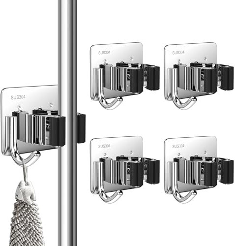 3-H Besenhalterung Wand Selbstklebend, 4 Stück Gerätehalter Besenhalter ohne Bohren, Edelstahl Besen Wandhalterung mit Haken, Gartengerätehalter, Werkzeughalter für Küche Badezimmer Garten, Silber
