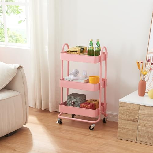 [en.casa] Carrello da Stoccaggio in Acciaio con 3 Contenitori Sovrapposti e Ruote Organizzatore Multiuso per Casa Ufficio Garage - Rosa