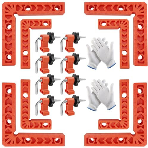 8 Pcs Bloc de Positionnement à 90 Degrés, Pince de Fixation à Angle Droit en Alliage D'aluminium, Avec 8 Pcs Pinces et 4 Pcs Gants de Travail, Pour Le Travail du Bois, Les Cadres Photo, Les Boîtes
