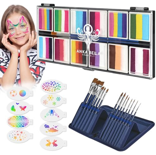 Anka Bella 12X10Gm Professional Kinderschminke Set,Wasseraktiviert Theaterschminke mit Schablone und Pinseln,Hypoallergen Rainbow Face Paint für Geburtstagsfeiern/Halloween/Karneval