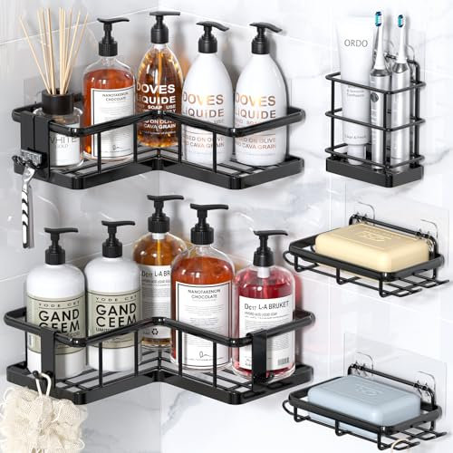 YASONIC Corner Shower Caddy Organizer, 5-Pack Self-Adhesive Rustproof Bath Shelves with Soap Holder & 4 Hooks, Large Capacity Shower Storage Rack for Bathroom Organization, Black