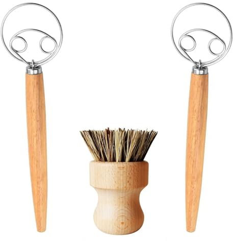 DäNischer Schneebesen, 2 Stück DäNischer Teigbesen +1 Stück SpüLbüRste Holz, Holländischer Schneebesen Eierschläger, Doppellöchern zum schnellen Mischen, für Gebäck Dessert Pizzateig