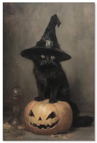 UNXIS Poster mit süßer schwarzer Katze, Hexen-Poster, Halloween-Kürbisdruck, viktorianisch, Gothic, Leinwand, Wandkunst, 40,6 x 61 cm, ungerahmt