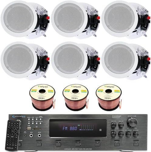 Home Stereo System Kit - 6 Channel 6000 Watts Bluetooth Amplifier w/ 6 Qty of 8” Framed Ceiling Speakers 300 W Each, 300 ft Speaker Wire & Remote for Living Room, Office, Bar by Technical Pro