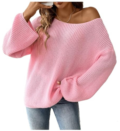 Maglione monospalla da donna, alla moda, girocollo, a maniche lunghe, in tweed, casual, tinta unita, leggero, con spalle scoperte