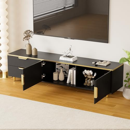 Zepneiy Meuble TV avec poignées et Pieds dorés, Plateau Bas sculpté et texturé, Dessus en marbre texturé, Noir