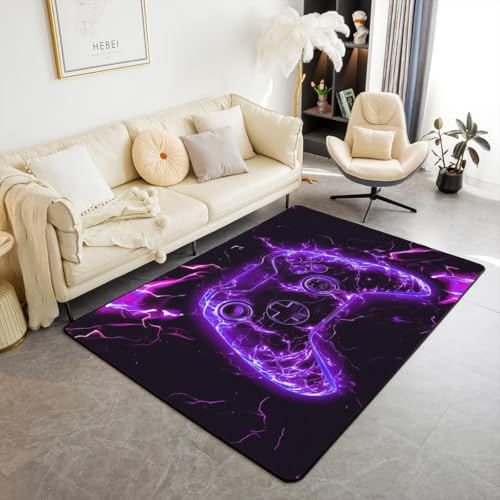 Loussiesd Gamer Teppich 100x150cm Lila Gaming Gamepad Wohnzimmerteppich Joystick Controller Modern Teppich Teenager Raum Dekoration Outdoor Teppich Junge Spiel Enthusiast Modern Teppich Schwarz