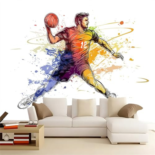 Fototapete 200 x 140 cm 3D Effekt Wand Dekoration Cartoon Sport Handball für Wohnzimmer Schlafzimmer Flur Modern Vlies Tapete Vliestapete Wandtapete Motivtapeten UV-Beständig Bunt