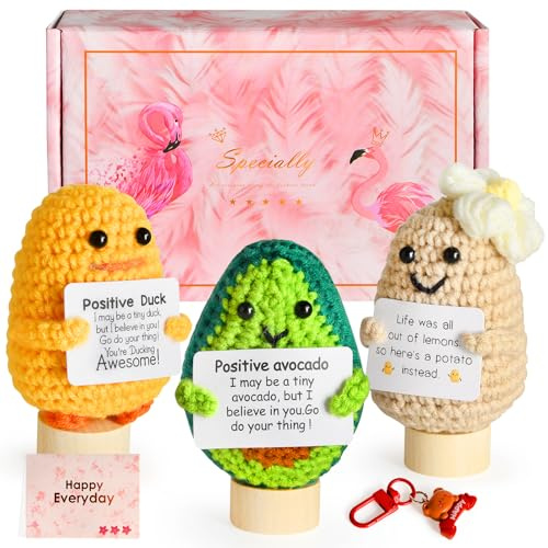 Mindsky Lustige Häkelpuppen, emotionales Positives Crohect mit Ständer, Weihnachtsstrumpffüller, kreative Strickpuppen zur Ermutigung, dekorieren mit Positivkarte (3 Stück)