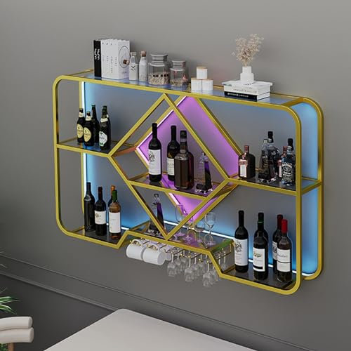 Étagère murale pour bouteilles de vin avec rangement élégant pour bouteilles et verres Doré