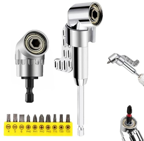105 Degree Right Angle Drill Adapter, 2025 Upgrade Right Angle Drill Attachment with Multi-function Bend Screwdriver Bit, 1/4 Hex Shank Corner Tool Screw Hub for Household Work (Long+Short)