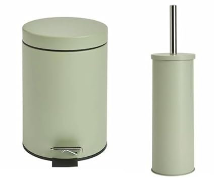 Generic Sage Green Bathroom Accessory Set - Bin & Toilet Brush, Carbon Steel & Chrome, Soft Close, Washable Inner, Matte Sage Finish