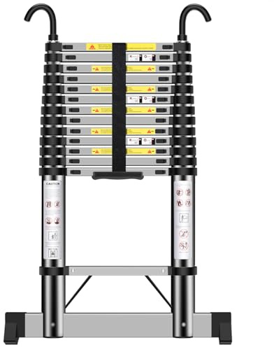 EOXCIIU Telescopic Ladder 4.7m, Extendable Ladder Stainless Steel with Hooks, Height Adjustment, Convenient and Fast to Use, Weight: 15.1kg