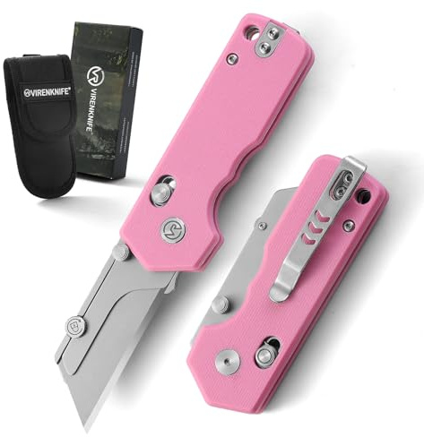 VIRENKNIFE Taschenmesser klappbares Universalmesser,Klappmesser mit Taschenclip und Nylonscheide,Faltbares Cuttermesser,Scharfer Einhandmesser für Arbeit Wandern Camping,Rosa
