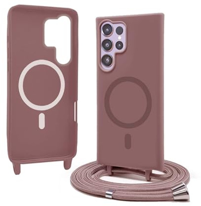 Bigcousin Coque Magnétique pour Samsung Galaxy S23 Ultra avec Cordon,[Compatible avec MagSafe],Silicone avec Collier Case Portable Cover,Réglable Collier Lanyard Case,Rose Gold