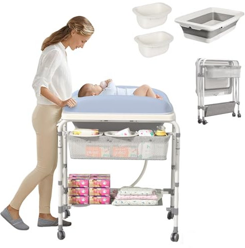 XINZI 4 in 1 Multi-Funktionaler Wickeltisch mit faltbarer Badewanne, mobile Wickelstation klappbare Wickelkommode, Bade-Wickelkombination Babybadewanne mit Ständer, belastbar bis 50 kg, für 0–3 Jahre