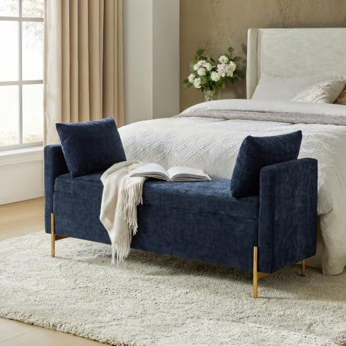 HULALA HOME Storage Ottoman Bench for End of Bed with Metal Legs, Navy | Upholstered Storage Bench with Hidden Divided Storage, Thick Foam Cushion and 2 Pillows for Bedroom, Living Room, Entryway