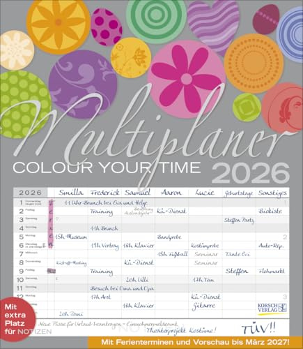 Multiplaner Colour Your Time - Familienplaner 2026 für bis zu 7 Personen - Korsch-Verlag - Kalender mit 7 Spalten zum Eintragen - 40 cm x 46 cm