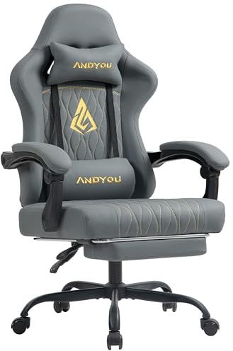Andyou Gaming Chair with Footrest, Computer Chair with Head & Lumbar Support, Height Adjustable PC Chairs for Office, PU Leather Gaming Chair for Adults Teens Swivel Seat