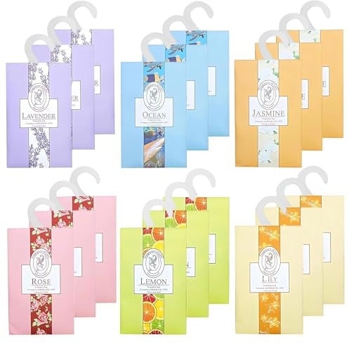 18pcs Wardrobe Fresheners, 6 Scents Wardrobe Air Freshener, Pot Pourri Scented, Lavender Bags, Scented Drawer Liners, Lavender Sachets, Fabric Freshener for Wardrobes, Cars, Drawers