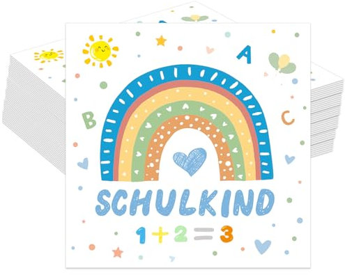 Servietten Einschulung 40 Stück, Blaue Regenbogen Einschulung Servietten Papierservietten für Schulanfang Schulkind Deko, Schulparty & Kindergeburtstag, Servietten Schulanfang für Jungen & Mädchen