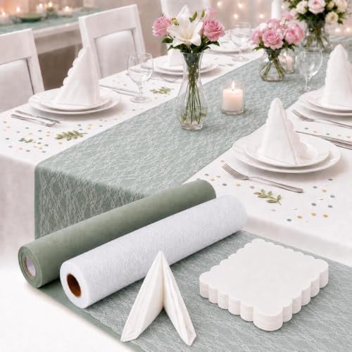 Vlies Tischläufer Set Salbeigrün mit Spitze & Servietten für Hochzeit | 30cm x 25m Tischläufer Grün, weißes Spitzenband & 50 Servietten, Tischdeko-Set für Kommunion, Konfirmation, Taufe & Feiern