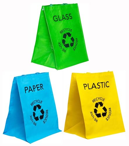 PRADICHI Set of 3 Large Multicoloured Heavy-Duty Reusable Recycling Bags – 53L Capacity with Handles & Secure Attachments – Waste Separation for Plastic, Paper & Glass