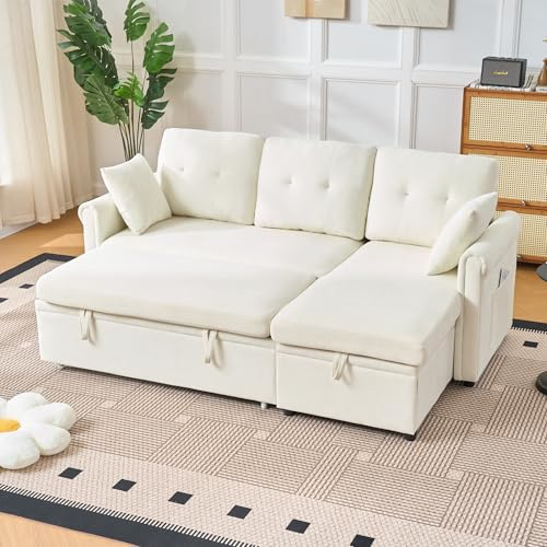 Bladez Ecksofa mit Bettkasten und Schlaffunktion, Praktisches Schlafsofa mit Stauraum, beidseitig montierbar, L-Form Sofa aus Samt für Wohnzimmer oder Gästezimmer (Beige-C, 3 Sitzer)