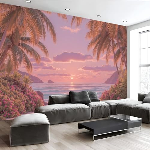 Fototapete Schlafzimmer Tropen Strand Palmen Sonnenuntergang 3D Druck Vliestapete, ‎150x105cm (B×H) Wandtapete Wandbilder, für Wohnzimmer, Kinderzimmer, TV Hintergrund Rosa Tapete