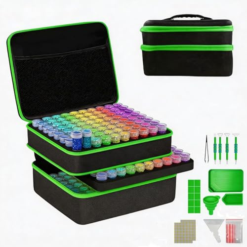 NEWFUN Diamond Painting Koffer, Diamond Painting Aufbewahrungsbox, 240 Stück Diamant Painting Zubehör Boxen mit Koffer Trichter (green)