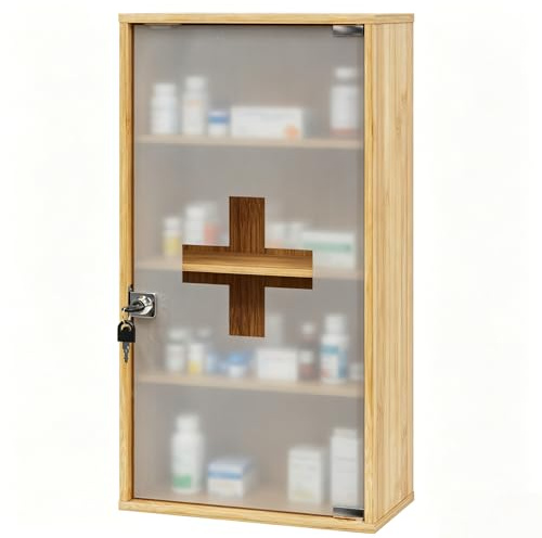 HEYZOEY Medizinschrank aus Bambus, abschließbarer Medikamentenschrank zur Wandmontage mit 4 Fächern, Hausapotheke für Badezimmer, 65×35×18 cm, großer Medizinschrank für den Heimgebrauch