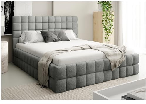 MEBLINI Andrea Polsterbett 180x200 mit Stauraum - Lattenrost und Bettkasten - Kopfteil Bett mit Stauraum - Doppelbett - Stauraumbett - Betten - 180x200 - Grau Boucle ohne Matratze