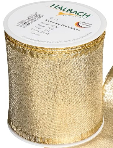 Halbach Seidenbänder Geschenkband Gold - made in Germany - mit formbaren Drahtkanten | 100mm x 25m | Edles goldenes Band für Hochzeit oder Weihnachten